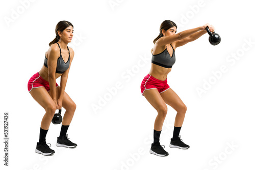 Fototapeta Naklejka Na Ścianę i Meble -  Movement sequence of a trainer showing how to use a kettlebell weight