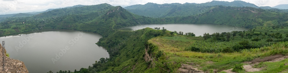 Beautiful panoramic landscape of lake mirambi and katinda that formed in a crater and the surrounding vegetation in Uganda, Africa