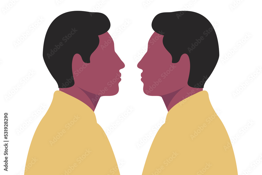 Two identical twins illustration. One to one persons. Face to face men. Vector. Two identical twins illustration. One to one persons. Face to face men. Vector.