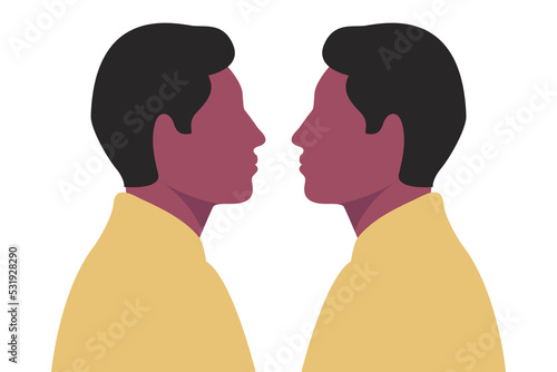 Two identical twins illustration. One to one persons. Face to face men. Vector.