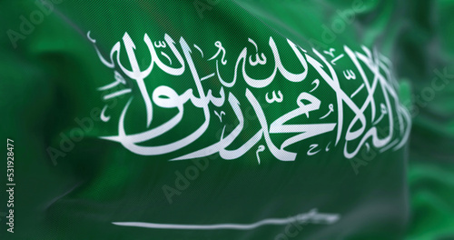 Tableau sur toile Close-up view of Saudi Arabia national flag waving in the wind