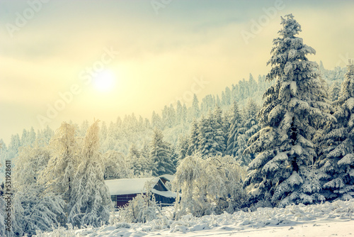 spectacular winter scenery, awesome sunset landscape, beautiful nature background in the mountains, Europe