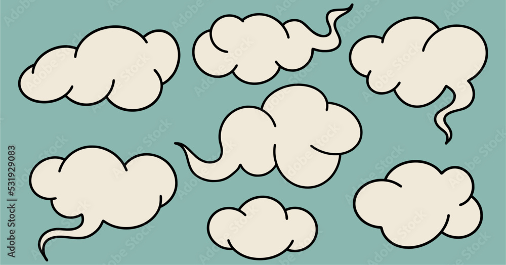 Set of clouds on a blue background, black outline. Flat design, cartoon hand drawn, pop art style.