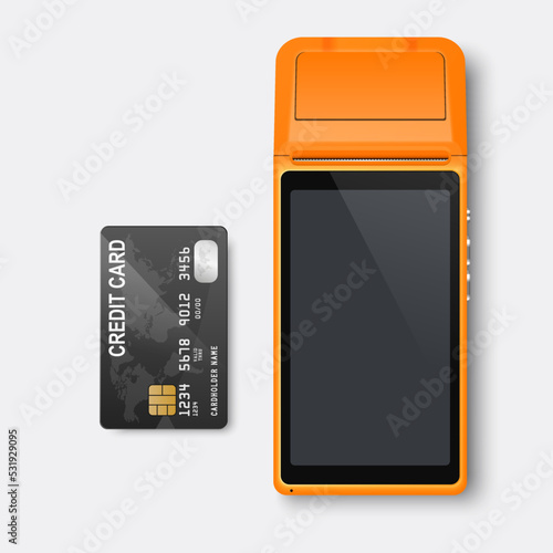 Vector 3d NFC Payment Machine and Black Credit Card Isolated. Wi-fi, Wireless Payment. POS Terminal, Machine Design Template of Bank Payment Contactless Terminal, Mockup. Top VIew