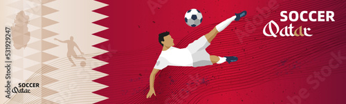 Fussball Banner Qatar, Dynamischer Spieler, Bicycle Kick,  vor rotem Hintergrund mit Fussball photo