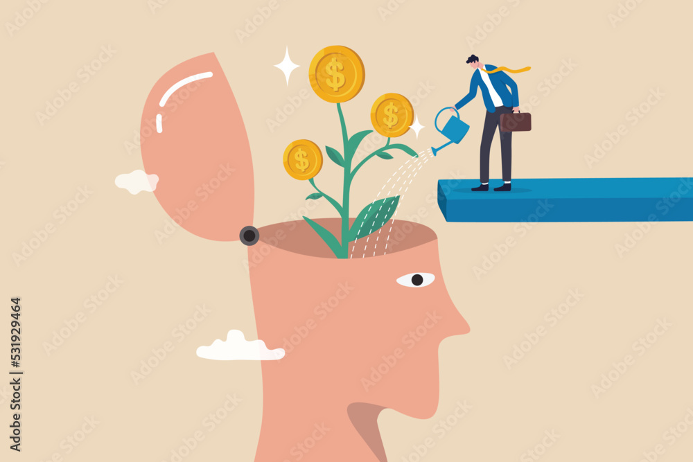 Financial mindset for investor to growing profit, rich mindset or knowledge to grow business, psychology or knowledge for investment concept, businessman watering plant with money from human head. - obrazy, fototapety, plakaty 