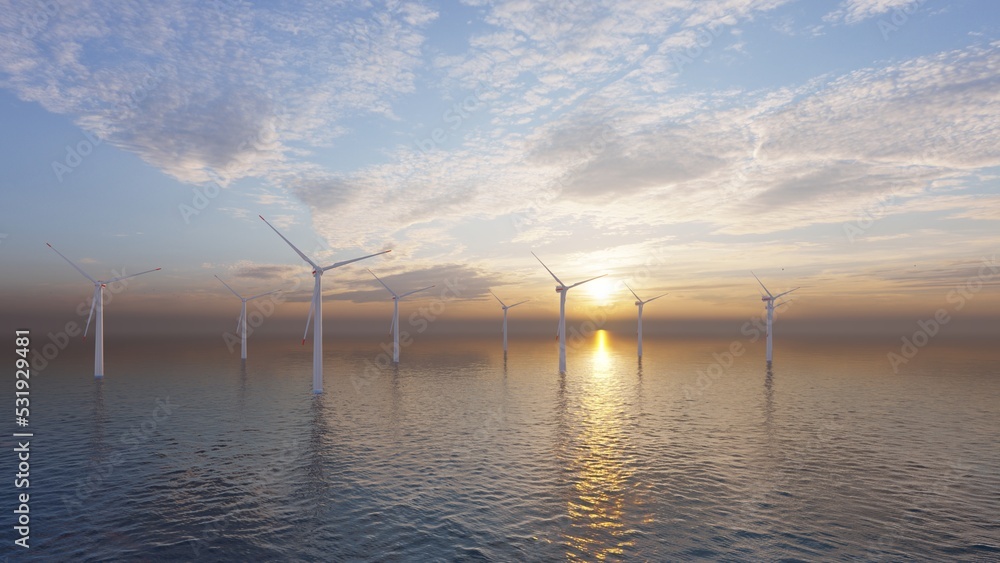 ULTRA HD. Offshore wind energy. Offshore wind turbines farm on the ocean. Sustainable energy production, clean power. 