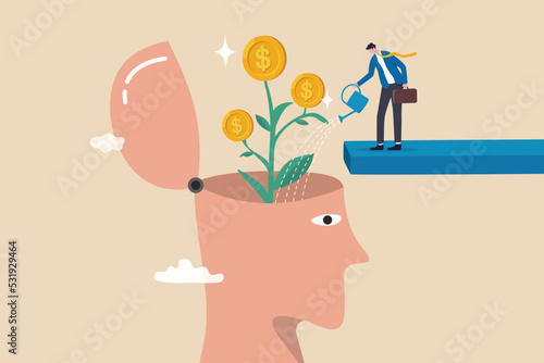 Financial mindset for investor to growing profit, rich mindset or knowledge to grow business, psychology or knowledge for investment concept, businessman watering plant with money from human head.