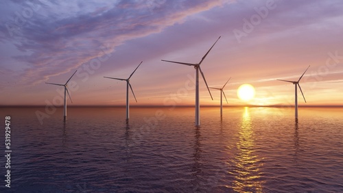ULTRA HD. Offshore wind energy. Offshore wind turbines farm on the ocean. Sustainable energy production, clean power. 