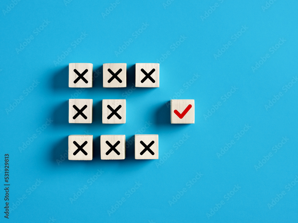Checkmark and cross icons on wooden cubes. Separate the right from wrong, right choice or decision, voting yes or no Checkmark and cross icons on wooden cubes. Separate the right from wrong, right choice or decision, voting yes or no