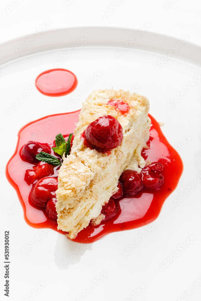 napoleon cake with cherry sauce and mint napoleon cake with cherry sauce and mint
