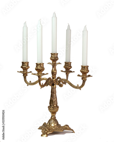 Foto Vintage five candles brass candelabrum isolated on a white background