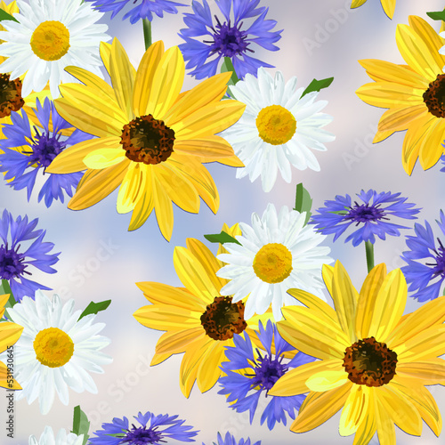 Flowers of sunflower, chamomile, blue cornflower on a heavenly gray-blue abstract background in a random arrangement square format, floral seamless pattern, vector, EPS 10.