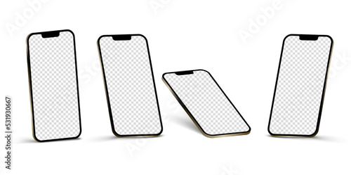Realistic no frame smartphone with transparent screen. Mockup phone for visual ui app demonstration. Smartphone mockup collection. Rotated position, 3d mockup. Vector EPS 10