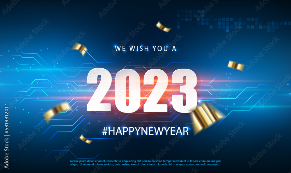 2023 Happy New Year vector holiday in technology sci fi circuit design innovation concept background. White Numeral 2023 with glitter gold confetti. Hitech digital for calendar, cover, catalog. Vector