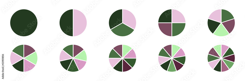 Segment circles set. Ten slices pie chart. Colourful infographic. Fraction icons collection. Vector illustration. 