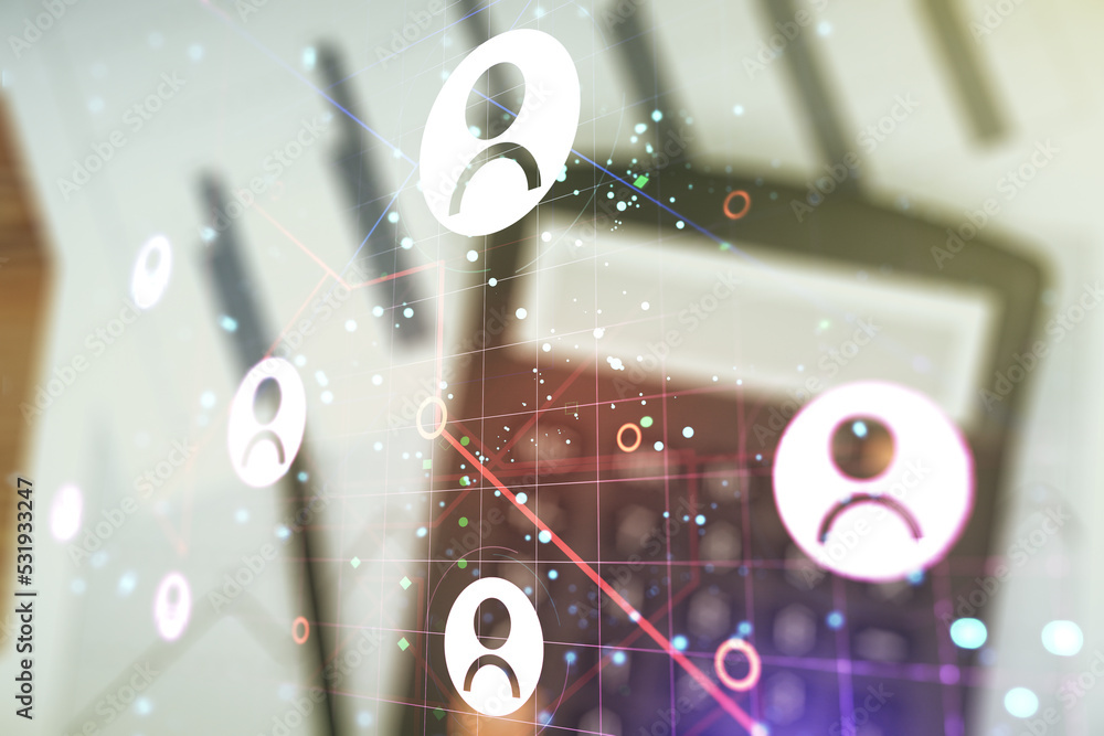 Fototapeta premium Double exposure of social network icons hologram on calculator and papers background. Networking concept