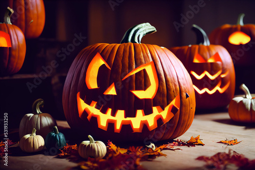 Realistic halloween carved spooky pumpkin on the table. 3D rendering