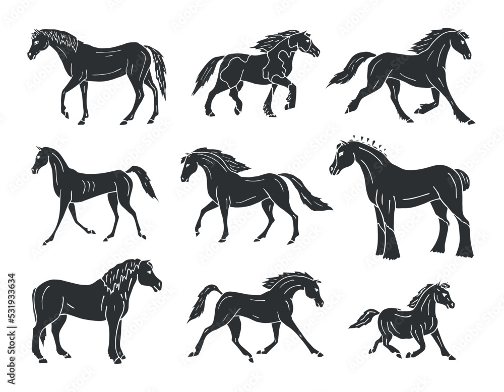 Vector set of hand drawn doodle sketch black horse breeds isolated on ...