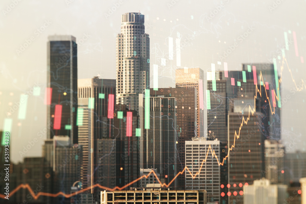 Multi exposure of virtual abstract financial graph hologram and world map on Los Angeles cityscape background, financial and trading concept