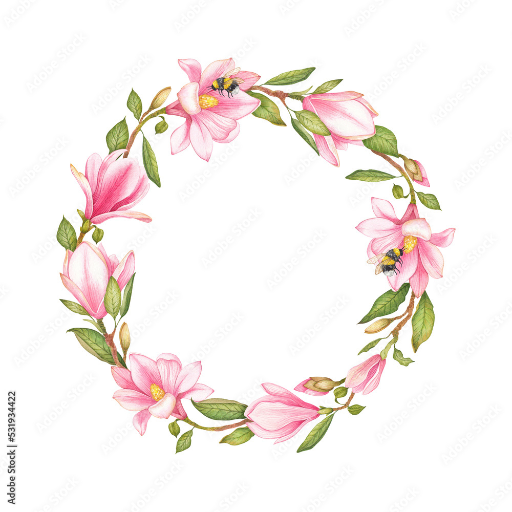 Watercolor Magnolia wreath with plants and leaves. Greeting card with flowers and greenery.