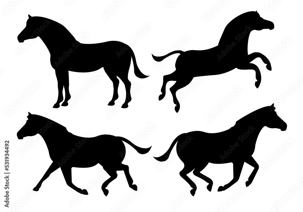 Vector set of flat hand drawn zebra silhouette isolated on white background