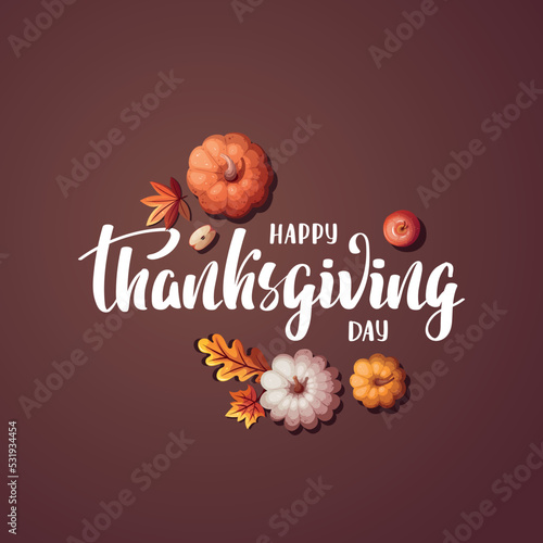 Card design with pumpkins, apples and autumn leaves. Autumn, harvest, thanksgiving day, fall concept. Vector illustration. Card, postcard, poster.