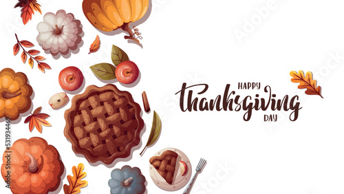 Thanksgiving day card with pumpkins, apple pie and autumn leaves. Autumn, harvest, holiday, fall concept. Vector illustration.