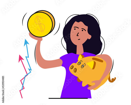 Inflation, The woman is holding piggy bank and a coin. Saving money concept. Flat style isolated on white background. Vector illustration for Web Banner, Infographics, Mobile