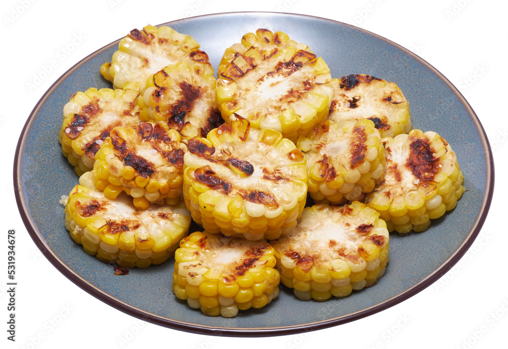 Grilled Slices of corn cobs with stripes from a grill in ceramic plate Grilled Slices of corn cobs with stripes from a grill in ceramic plate