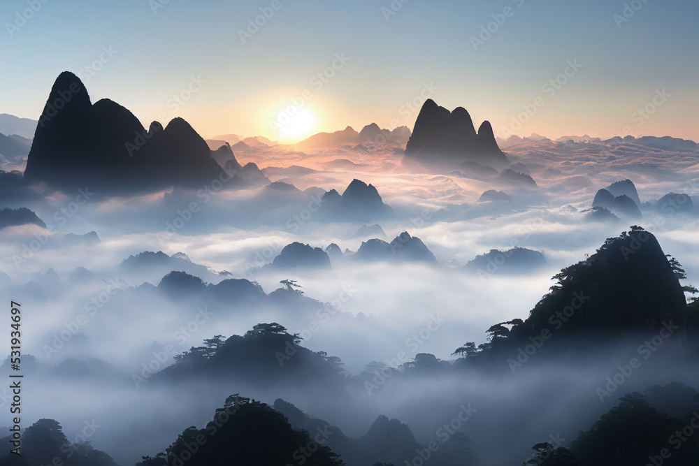Huangshan mountain landscape at sunrise