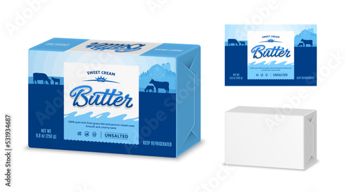 Butter package design with cows and farm. White paper or foil packaging for butter, margarine or spread