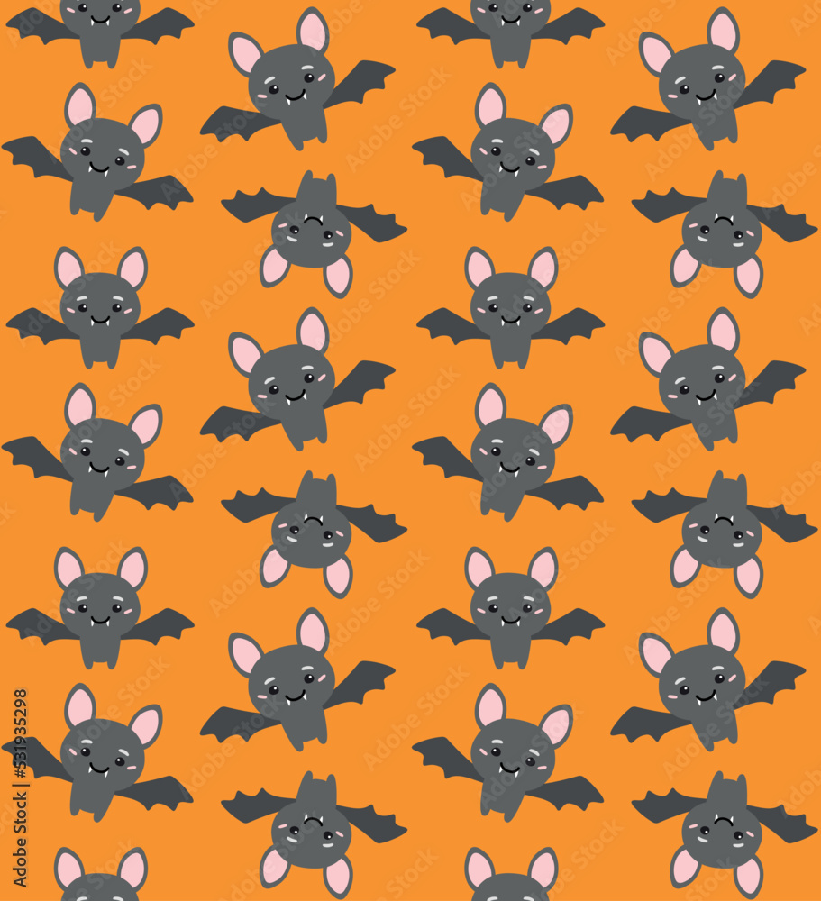 Fototapeta premium Vector seamless pattern of flat hand drawn cute bat isolated on orange background