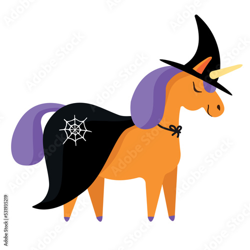 Vector hand drawn flat witch Halloween unicorn isolated on white background