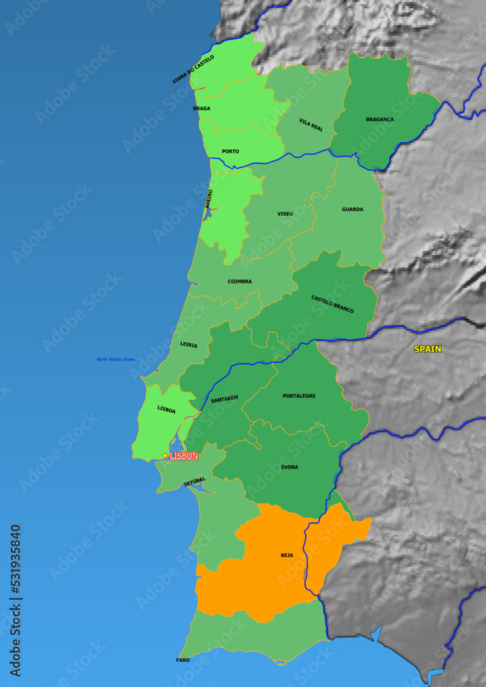 Administrative and political colored vector Map of Portugal with colourful regions and Capital and neighboring Countries
