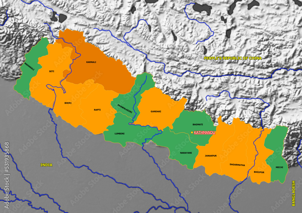 Administrative and political colored vector Map of Nepal  with colourful regions and Capital and neighboring Countries