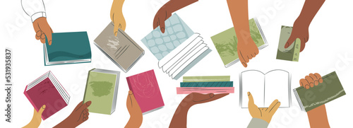 Book exchange landing page template or bookcrossing vector illustration banner. Education and knowledge concept, diverse hands holding books. Swap literature event, library day, culture festival