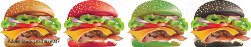 Appetizing colorful burgers with cutlets and vegetables on white background