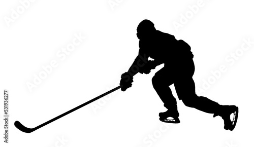 Photography black silhouette of a hockey player on a white background.