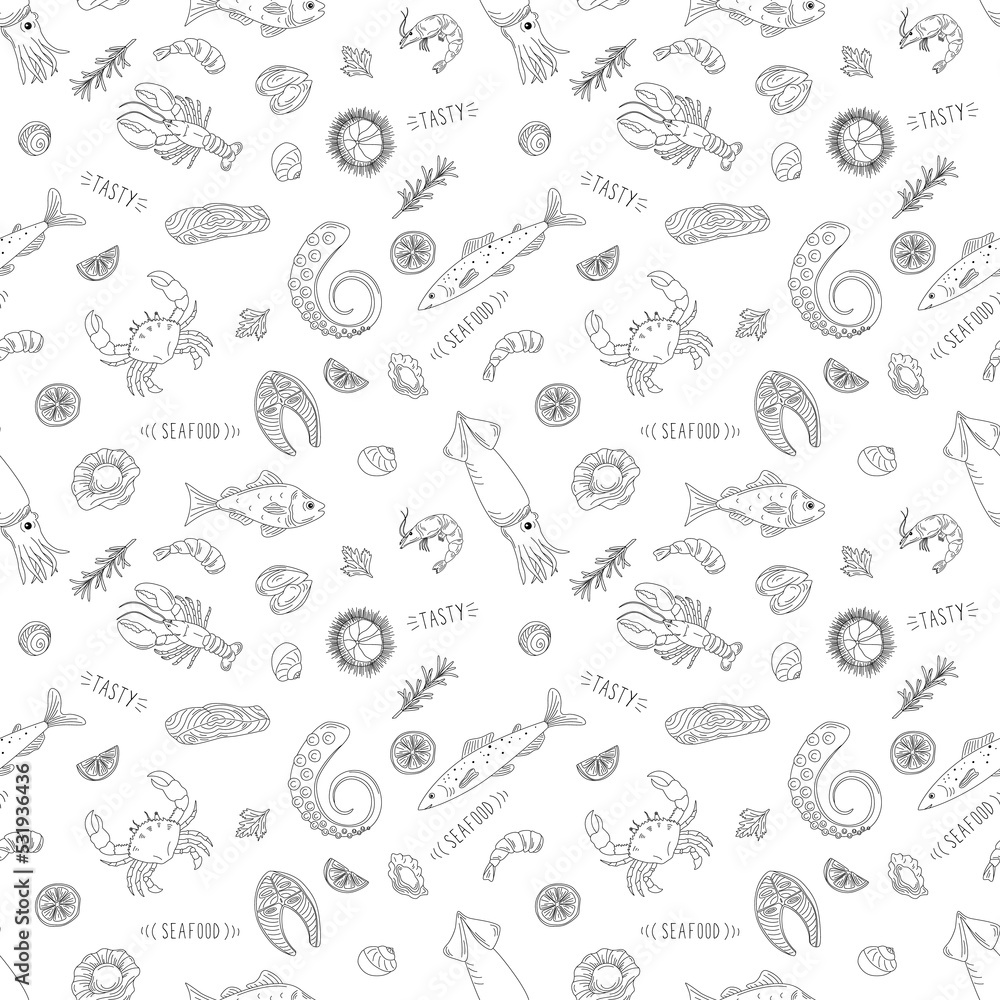 Seamless pattern with sea food. Flat hand drawn vector illustration, outline. For printing on menus, fish restaurants, packaging. Seamless pattern with sea food. Flat hand drawn vector illustration, outline. For printing on menus, fish restaurants, packaging.