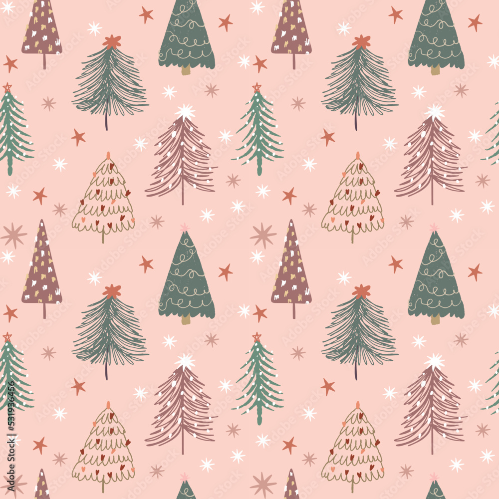 New Year and Christmas vector pattern, lots of illustrations of hand-drawn Christmas trees with stars