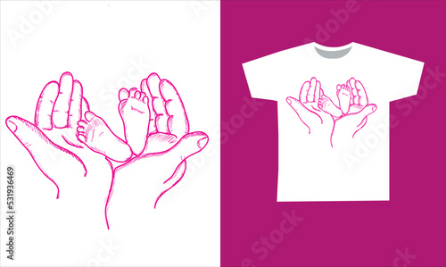 baby feet drawing in mom's hands vector design. Printable baby feet designs on t-shirt.