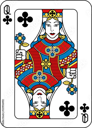 Playing Card Queen of Clubs Yellow Red Blue Black