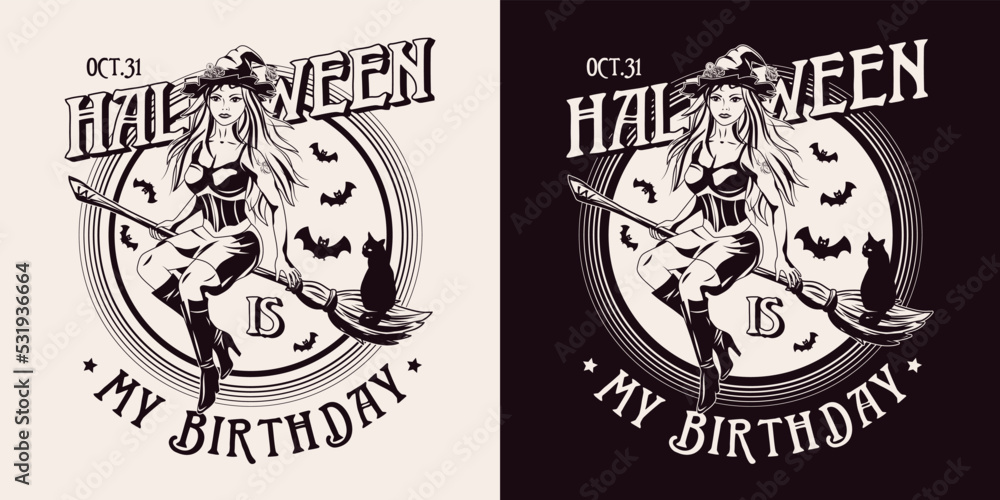 Fototapeta premium Round emblem with young beautiful witch flying on broomstick, silhouette of cat, bats, full moon behind, text Halloween is my birthday. Monochrome illustration in vintage style.