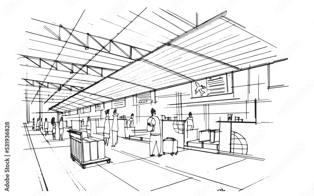 line-drawing-hallway-at-the-airport-sketches-of-people-traveling-in-an