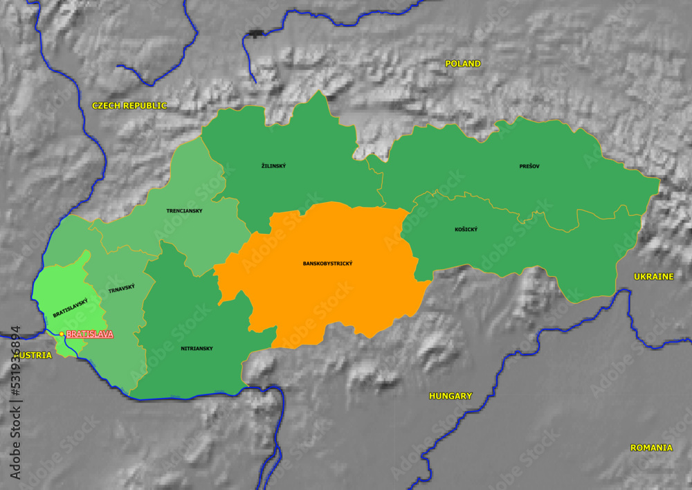 Obraz premium Administrative and political colored vector Map of Slovakia with colourful regions and Capital and neighboring Countries