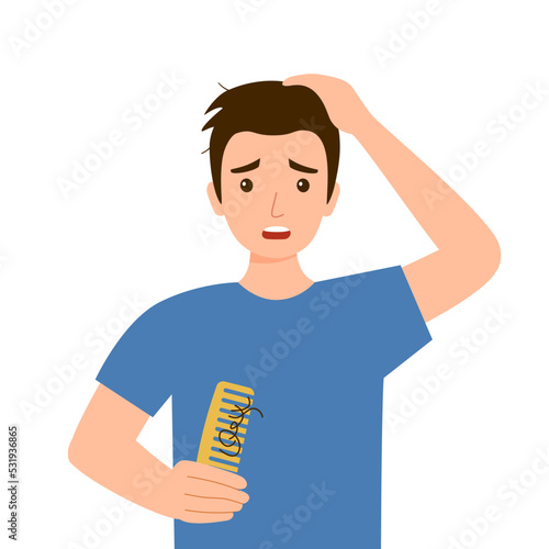 Young man worrying about his hair loss problem in flat design on white background.
