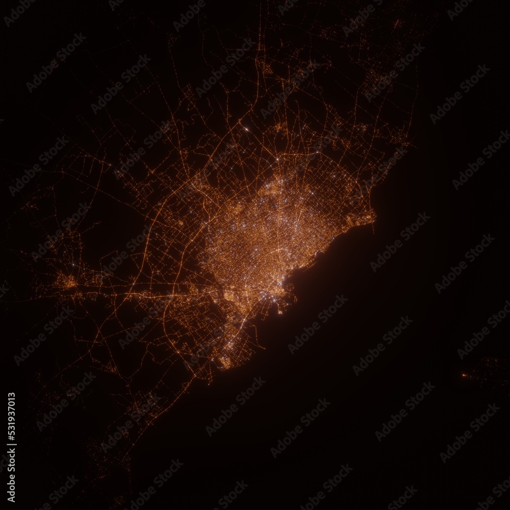 Sfax (Tunisia) street lights map. Satellite view on modern city at night. Imitation of aerial view on roads network. 3d render Sfax (Tunisia) street lights map. Satellite view on modern city at night. Imitation of aerial view on roads network. 3d render
