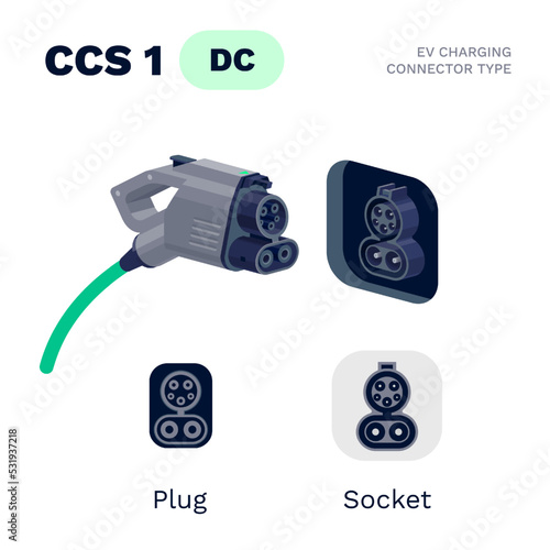 CCS Combo 1 standard charging connector plug and socket. Electric battery vehicle inlet charger detail. EV cable for DC power charge electricity. Isolated vector illustration on white background.
