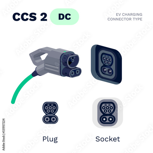 CCS Combo 2 standard charging connector plug and socket. Electric battery vehicle inlet charger detail. EV cable for DC power charge electricity. Isolated vector illustration on white background.